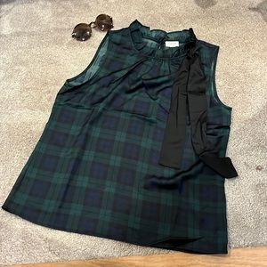 J Crew green and blue plaid top with black tie